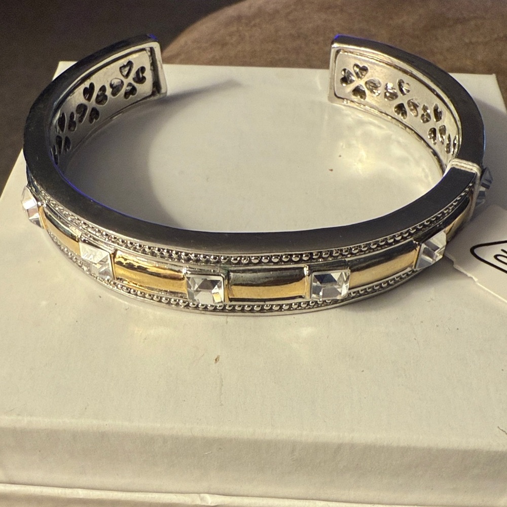 Elegant Silver-tone and Gold-tone Cuff Bracelet w/Clear Gems